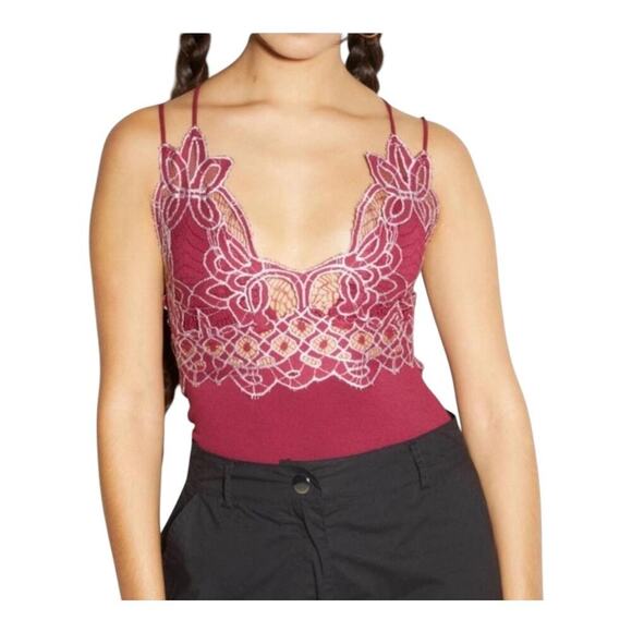 Rue21 Tops - Rue 21 Women's Burgundy Bodysuit small strappy criss cross silver lace detail​